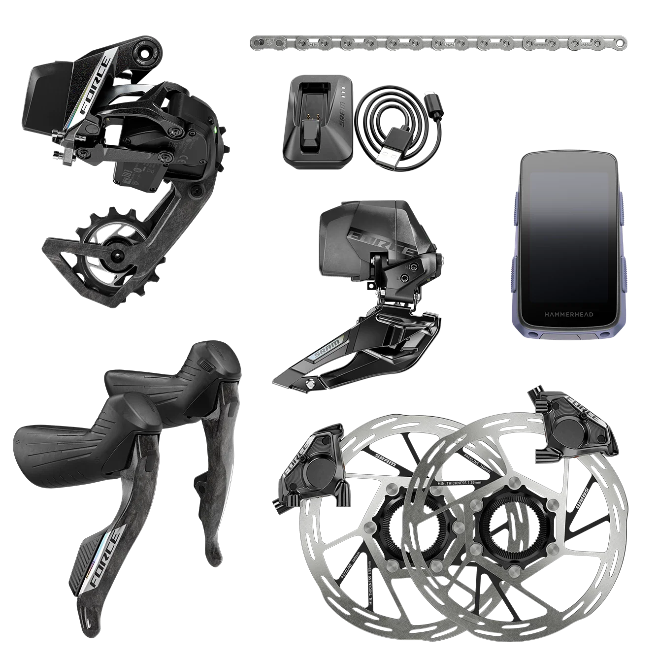 SRAM Force eTap AXS Road Groupset - 2x12-Speed, HRD Shift/Brake Levers, FM Calipers, Rotors, Chain, F/R Derailleurs, Hammerhead Karoo, E1